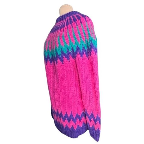 Vintage Handmade Greek Wool Fair Isle Sweater Dress Chunky Knit XL Pink Purple - Picture 4 of 10
